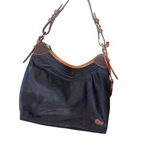DOONEY BOURKE BLACK NYLON HOBO Bag Purse Handbag TAN LEATHER STRAP Pink Interior